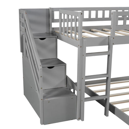 Gray Twin Over Twin Perpendicular Bunk Bed with Storage Stairs and Slide - FurniFindUSA