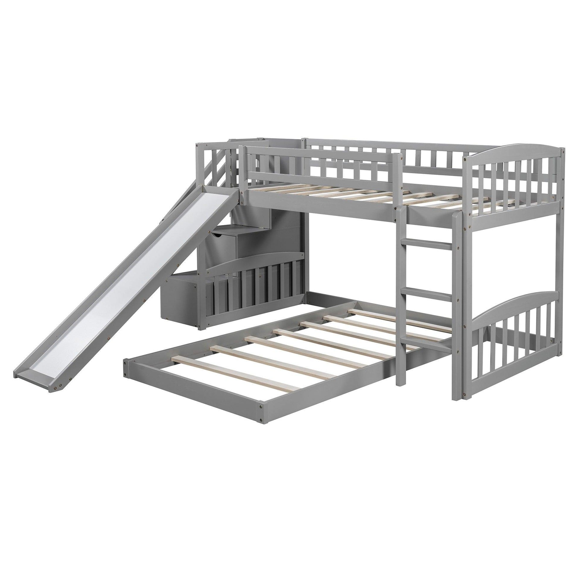 Gray Twin Over Twin Perpendicular Bunk Bed with Storage Stairs and Slide - FurniFindUSA