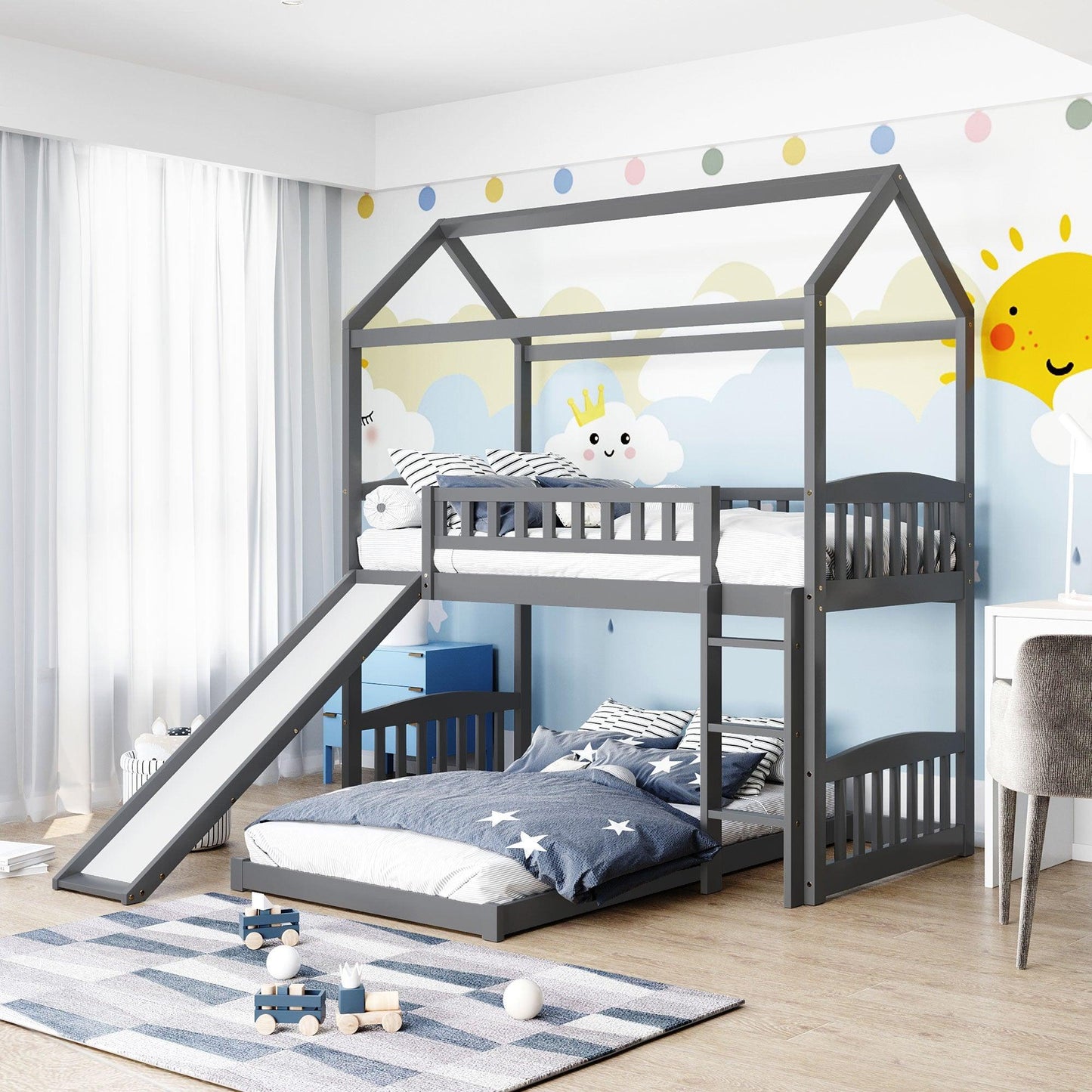 Gray Playhouse Frame Full Over Full Perpendicular Bunk Bed with Slide - FurniFindUSA