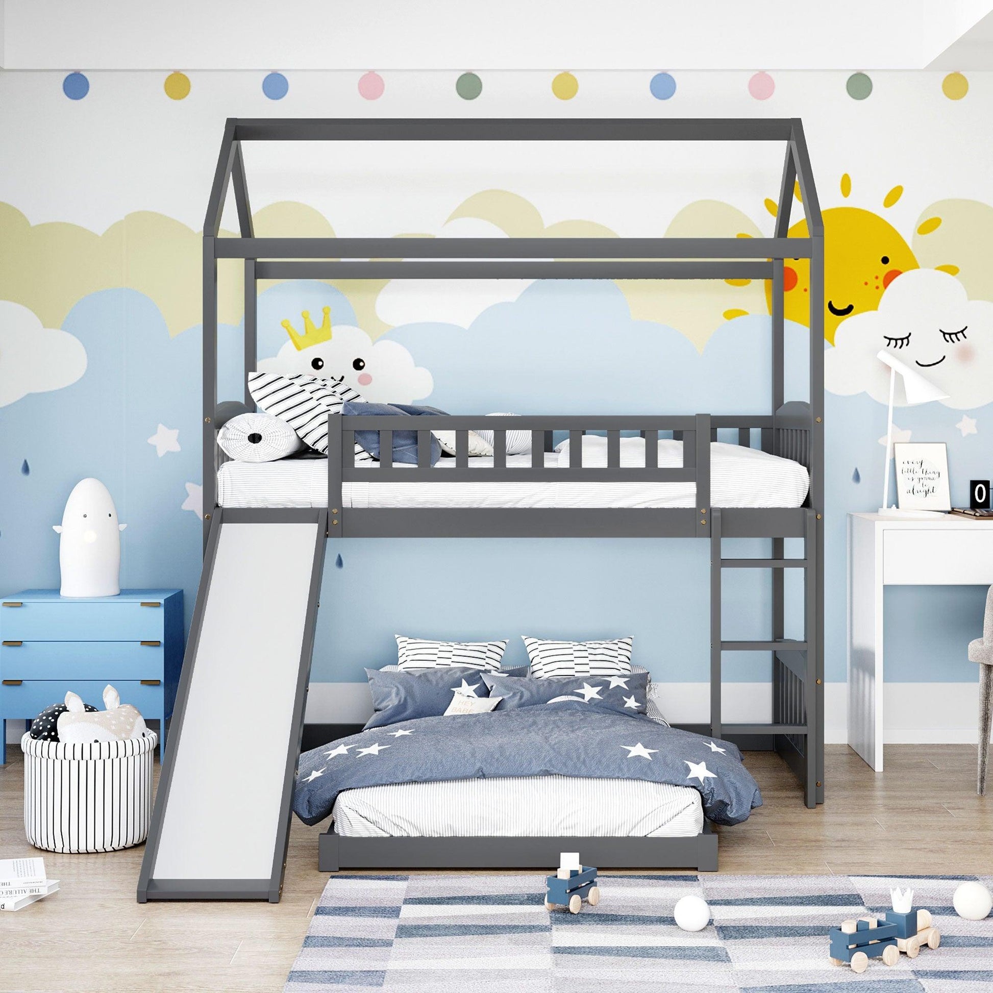 Gray Playhouse Frame Full Over Full Perpendicular Bunk Bed with Slide - FurniFindUSA