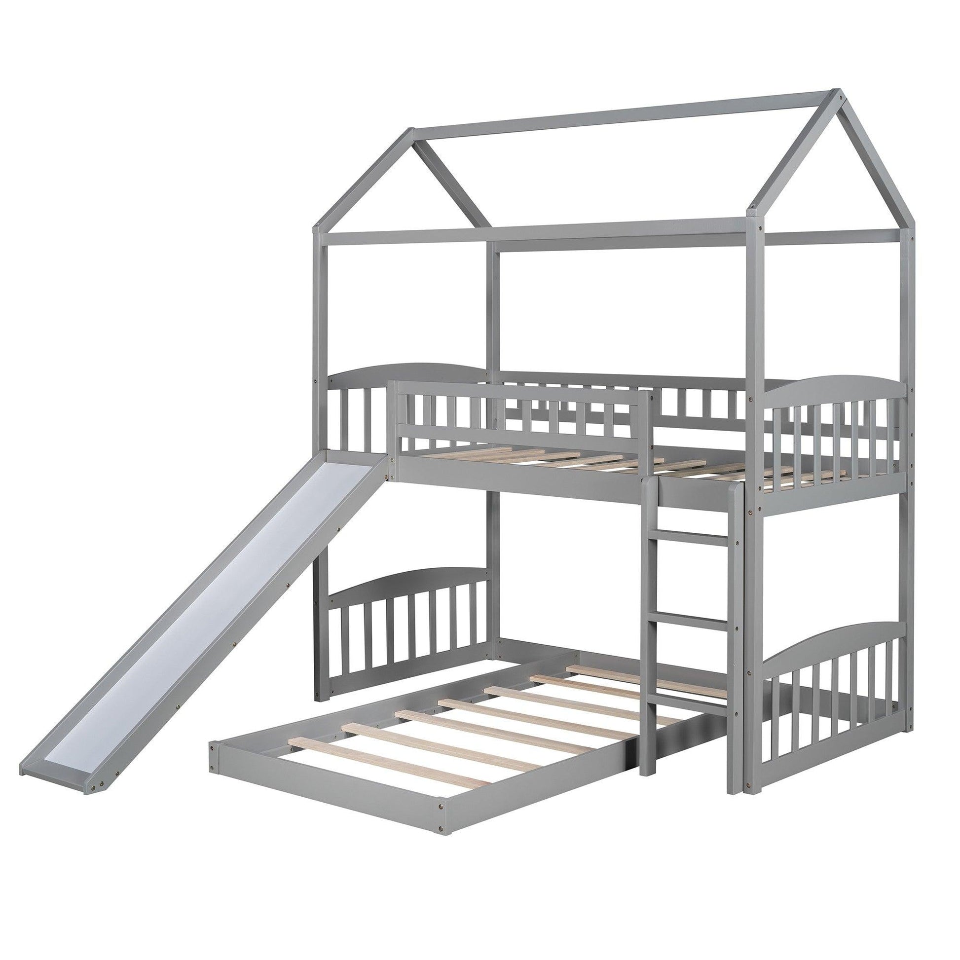 Gray Playhouse Frame Full Over Full Perpendicular Bunk Bed with Slide - FurniFindUSA