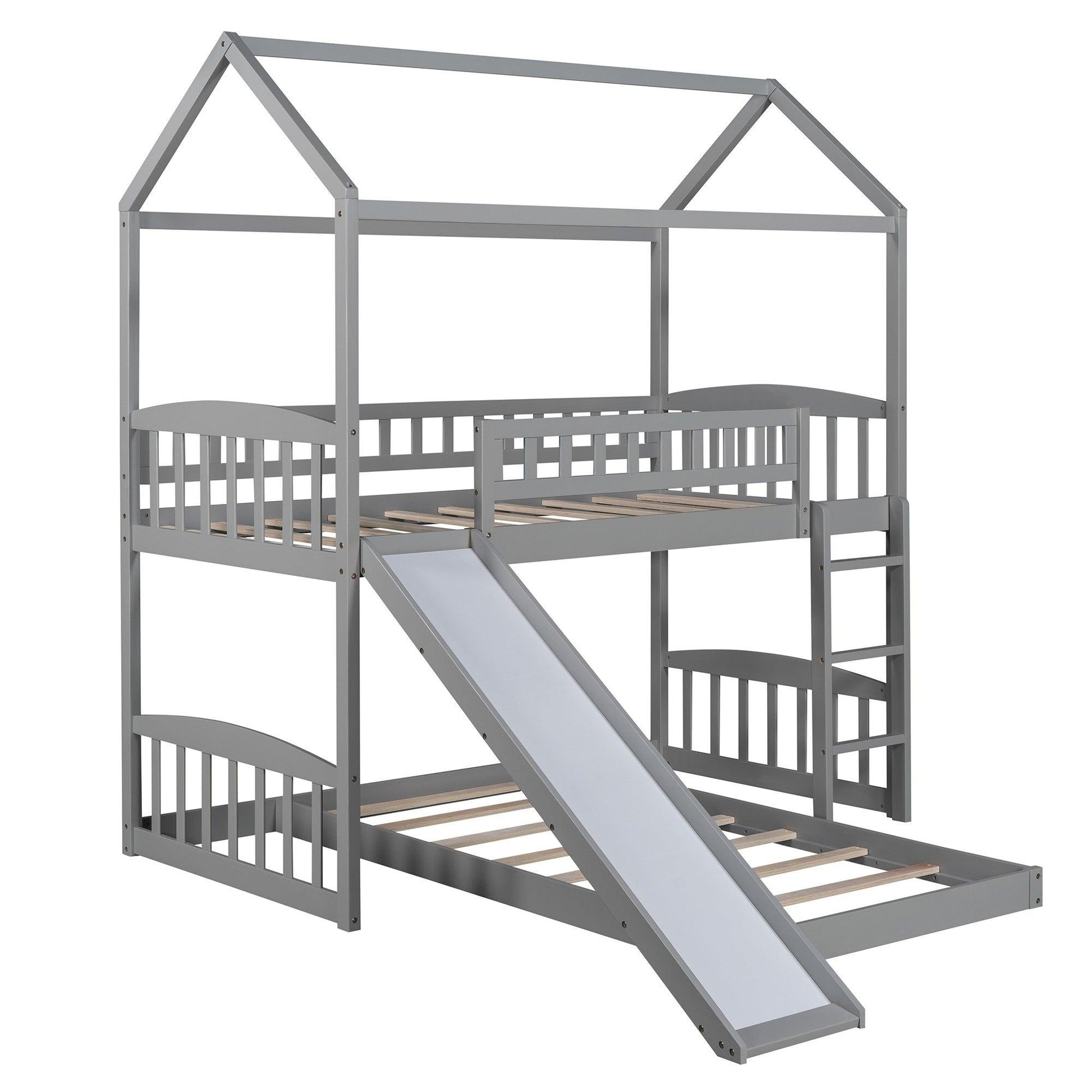 Gray Playhouse Frame Full Over Full Perpendicular Bunk Bed with Slide - FurniFindUSA