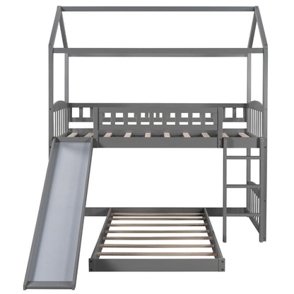 Gray Playhouse Frame Full Over Full Perpendicular Bunk Bed with Slide - FurniFindUSA