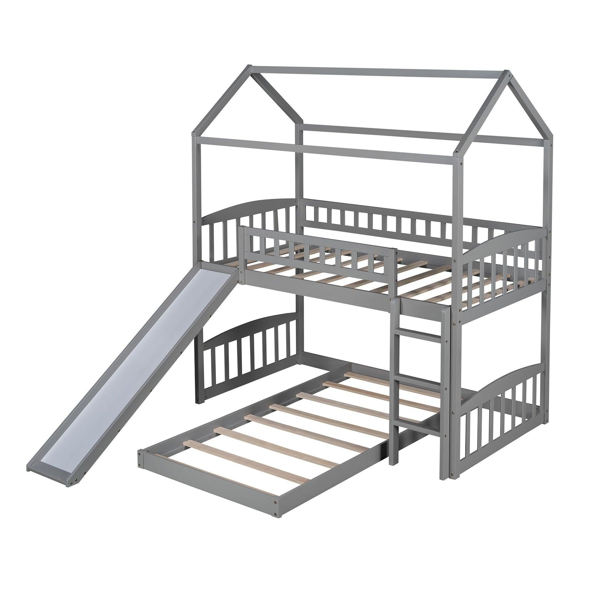 Gray Playhouse Frame Full Over Full Perpendicular Bunk Bed with Slide - FurniFindUSA