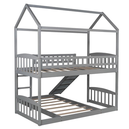 Gray Playhouse Frame Full Over Full Perpendicular Bunk Bed with Slide - FurniFindUSA