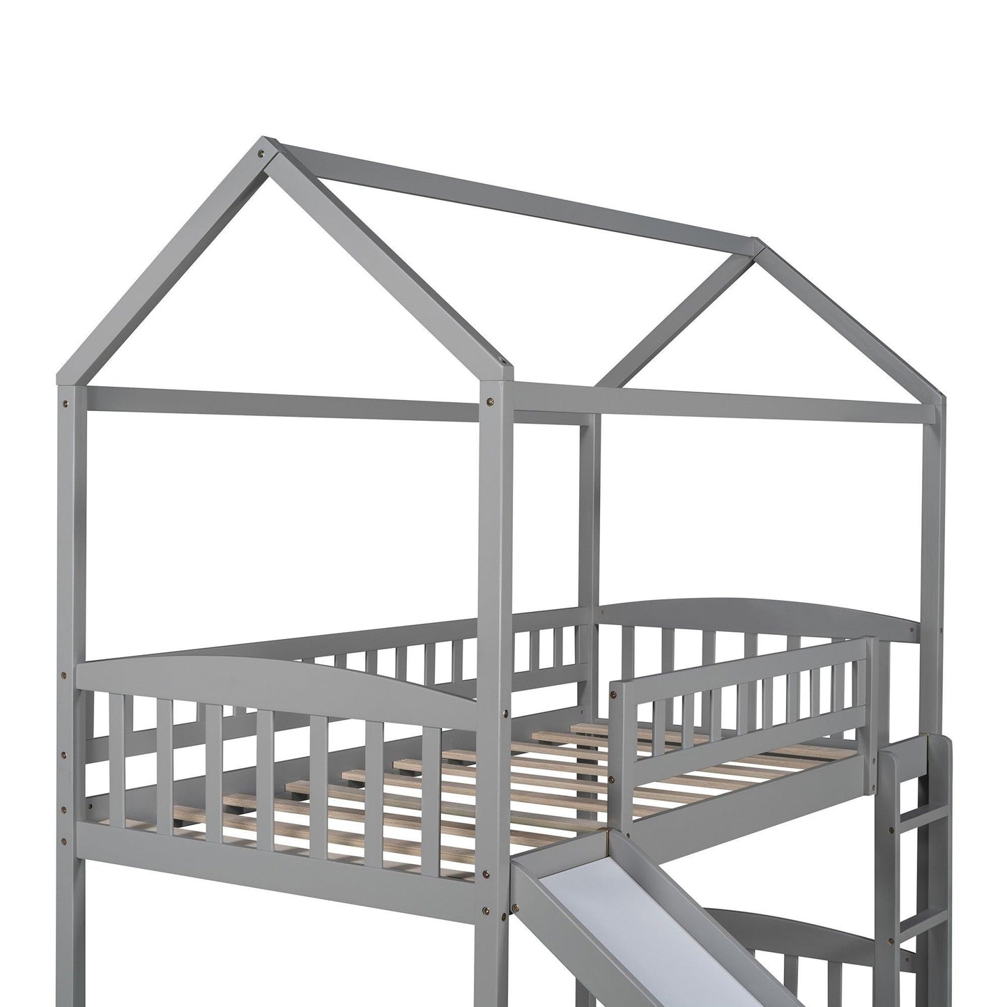 Gray Playhouse Frame Full Over Full Perpendicular Bunk Bed with Slide - FurniFindUSA