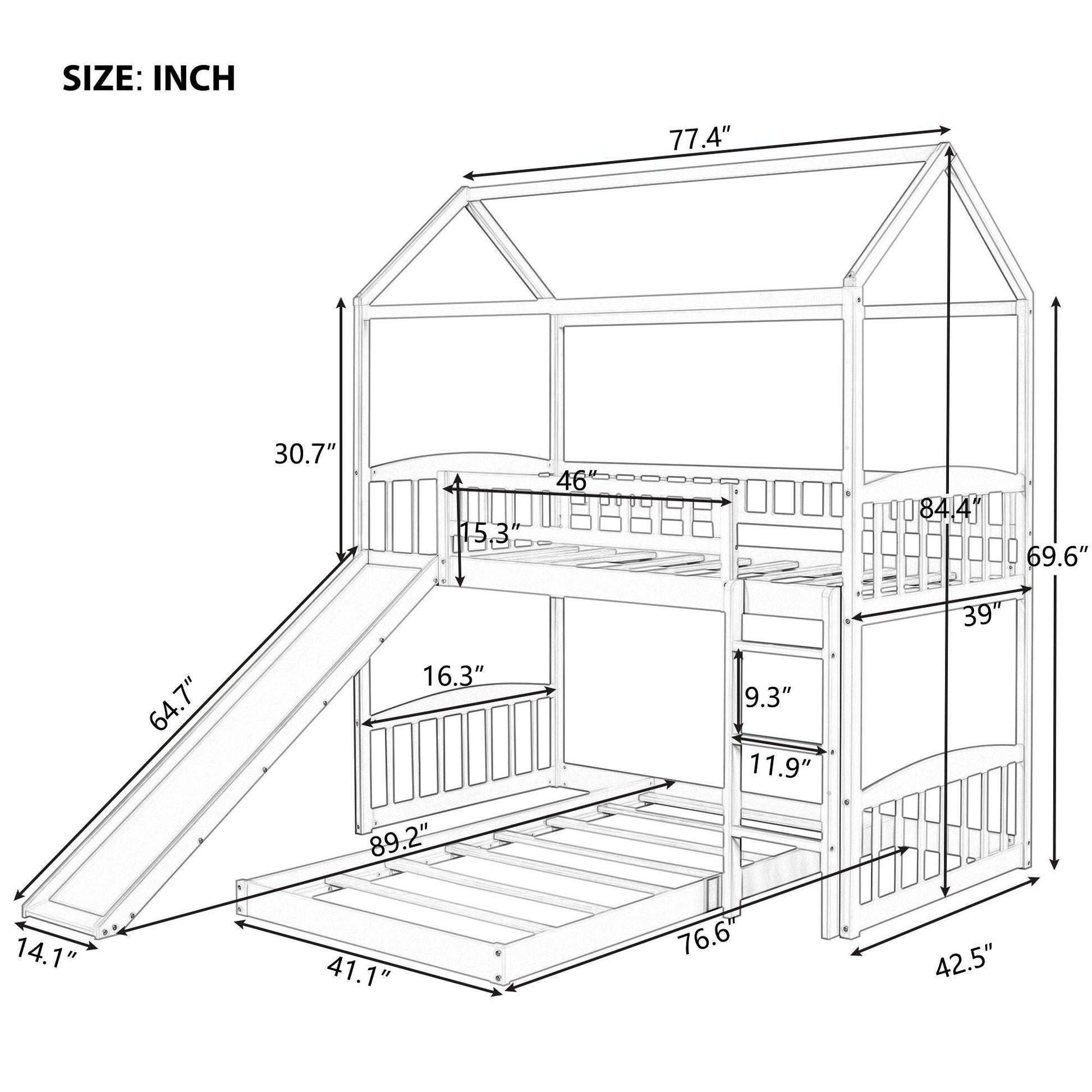 Gray Playhouse Frame Full Over Full Perpendicular Bunk Bed with Slide - FurniFindUSA