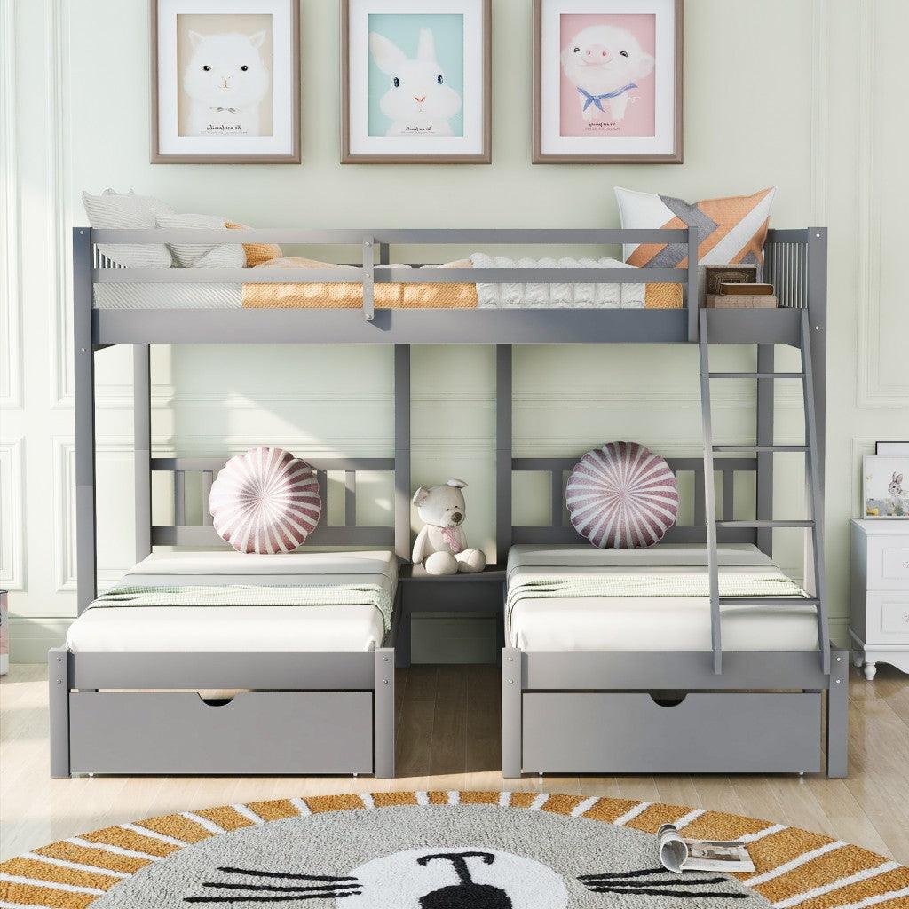 Gray Full Over Double Twin Triple Bunk Beds with Drawers - FurniFindUSA