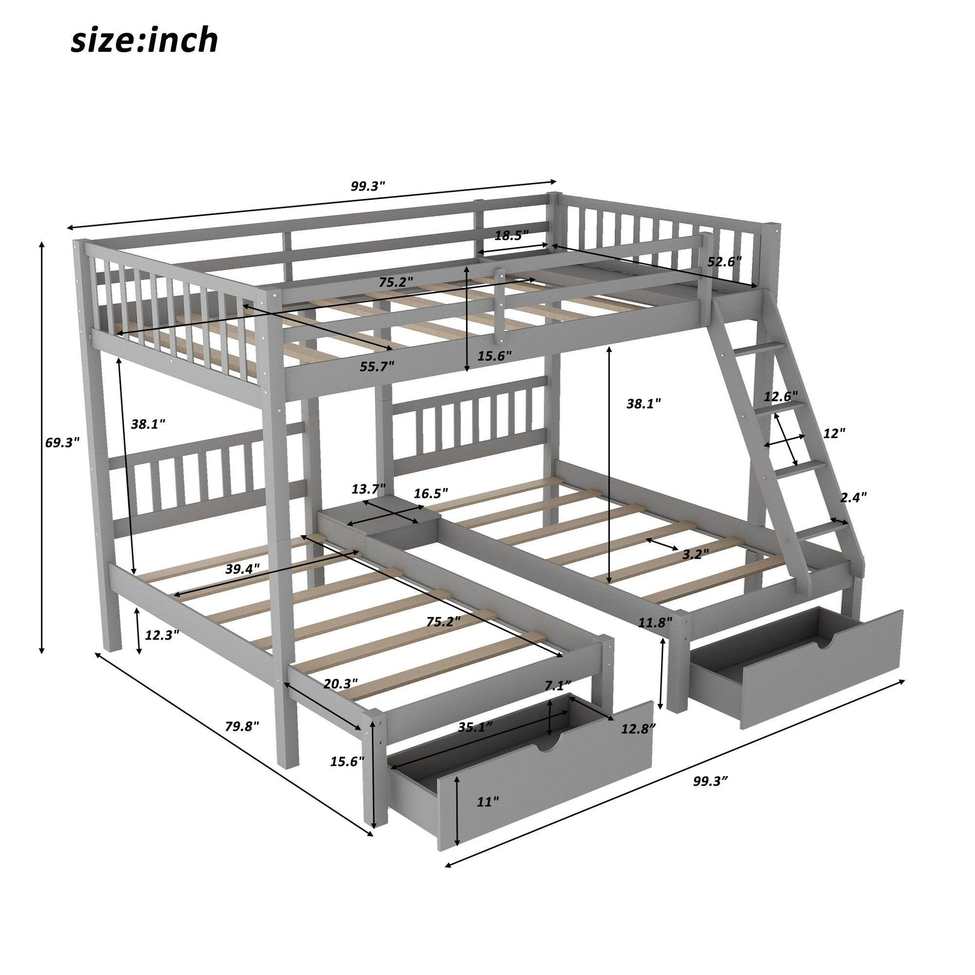 Gray Full Over Double Twin Triple Bunk Beds with Drawers - FurniFindUSA