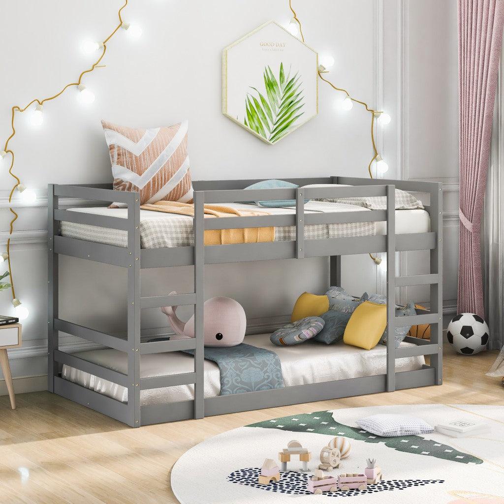 Pastel Gray Twin Over Twin Dual Ladder Bunk Bed - FurniFindUSA