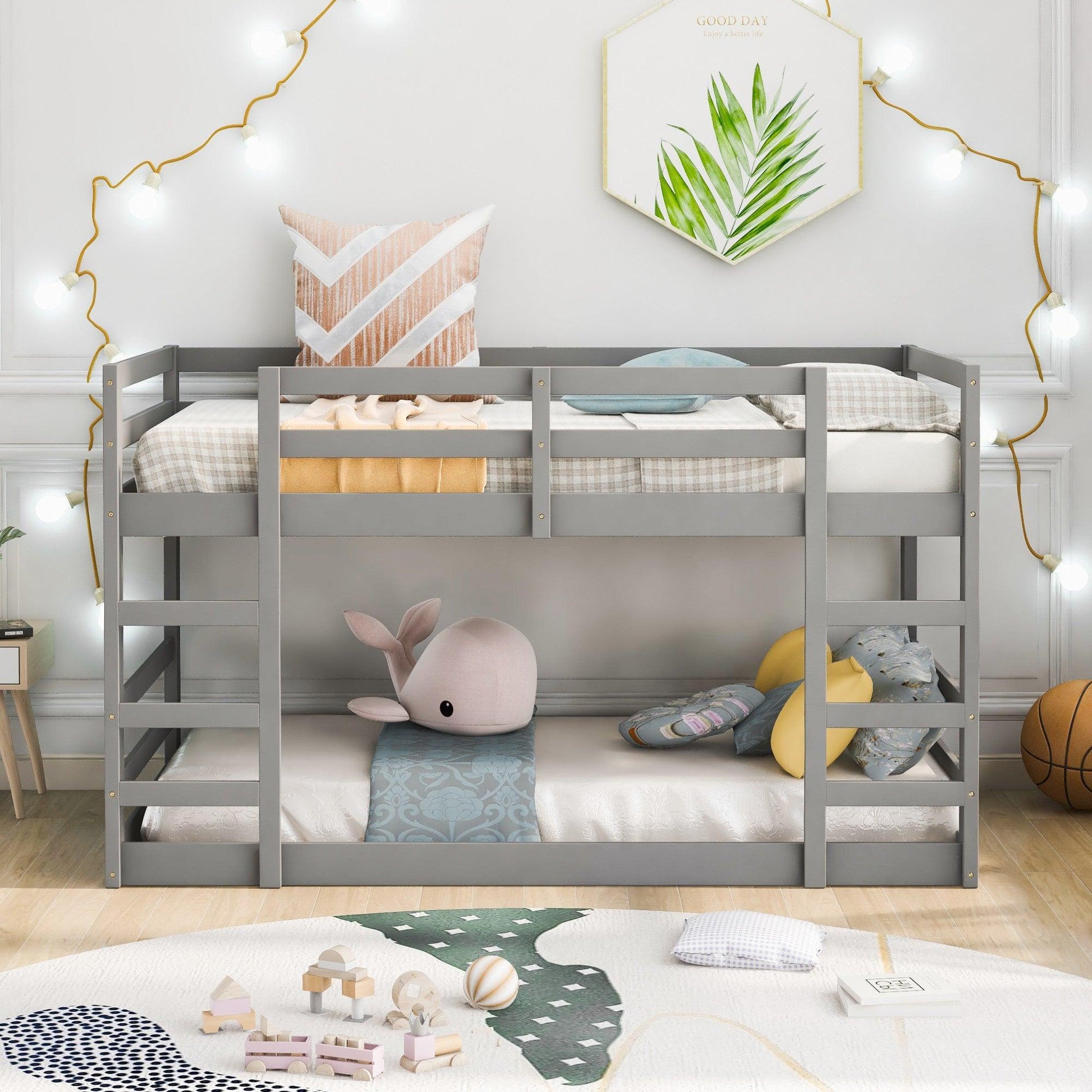 Pastel Gray Twin Over Twin Dual Ladder Bunk Bed - FurniFindUSA