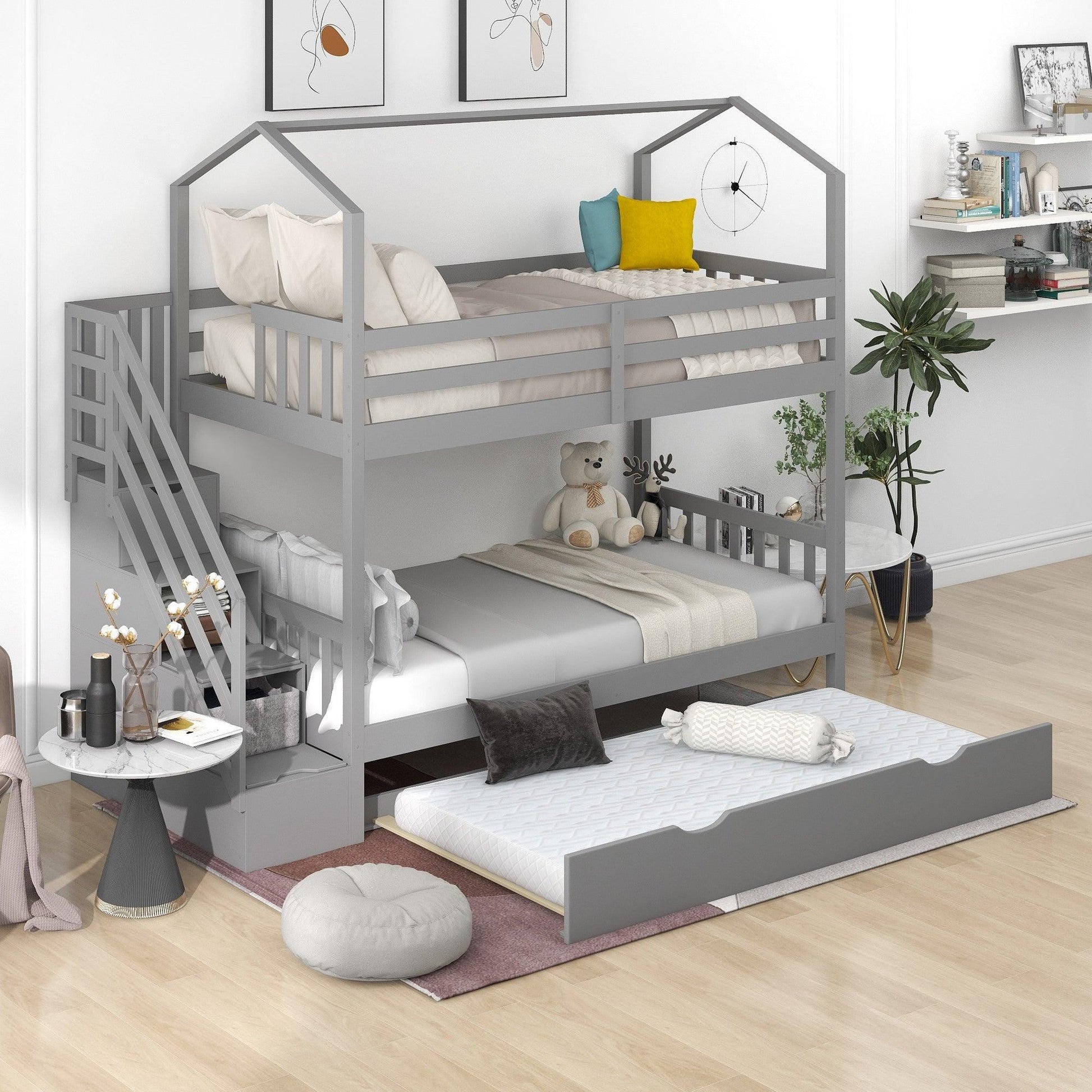 Gray Twin Over Twin Playhouse Bunk Bed with Trundle and Staircase - FurniFindUSA