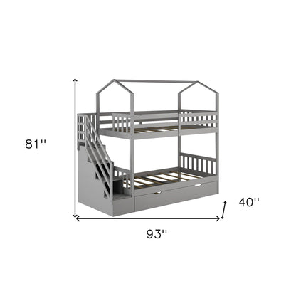 Gray Twin Over Twin Playhouse Bunk Bed with Trundle and Staircase - FurniFindUSA