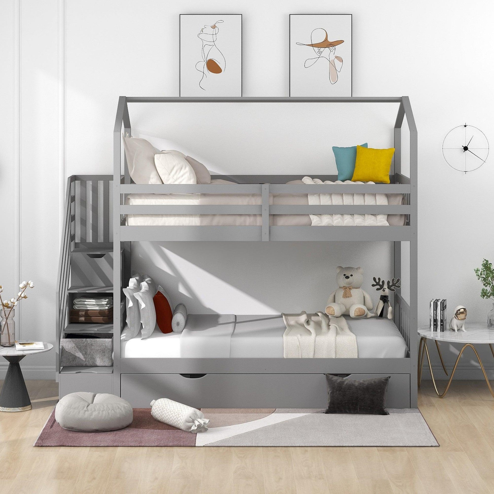 Gray Twin Over Twin Playhouse Bunk Bed with Trundle and Staircase - FurniFindUSA