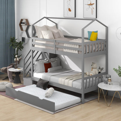 Gray Twin Over Twin Playhouse Bunk Bed with Trundle and Staircase - FurniFindUSA