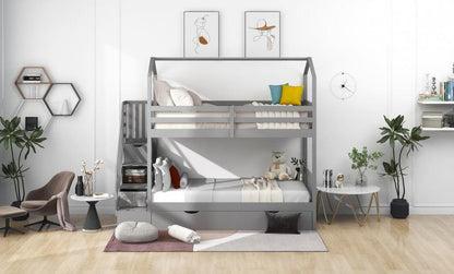 Gray Twin Over Twin Playhouse Bunk Bed with Trundle and Staircase - FurniFindUSA