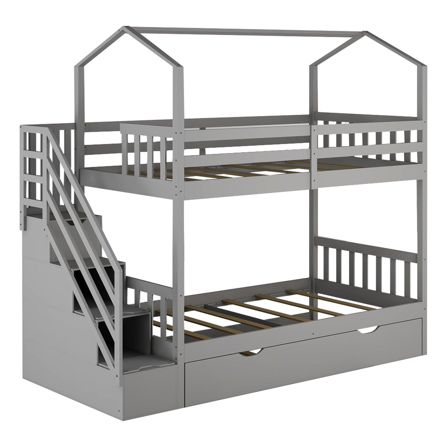 Gray Twin Over Twin Playhouse Bunk Bed with Trundle and Staircase - FurniFindUSA