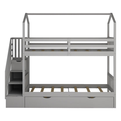 Gray Twin Over Twin Playhouse Bunk Bed with Trundle and Staircase - FurniFindUSA