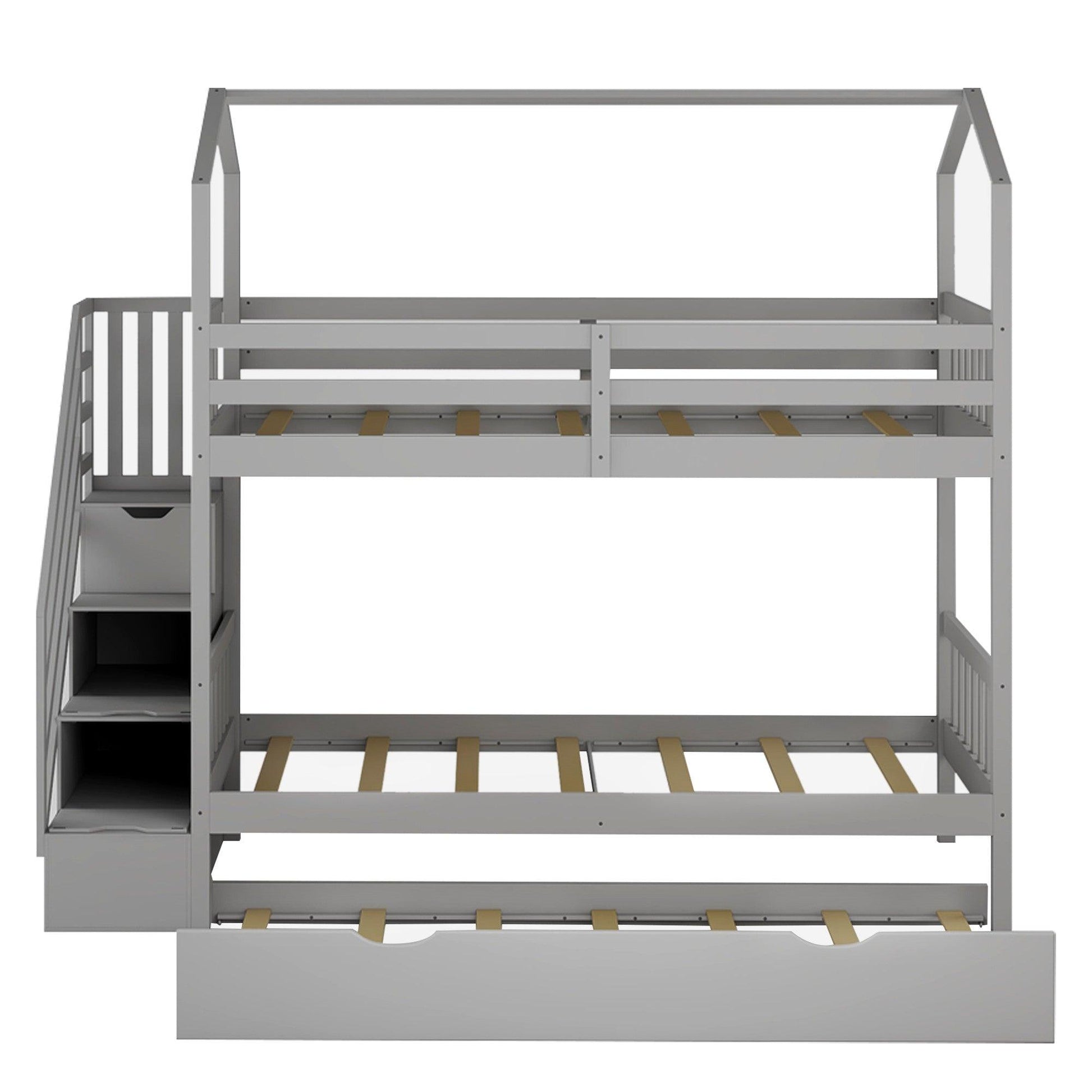 Gray Twin Over Twin Playhouse Bunk Bed with Trundle and Staircase - FurniFindUSA