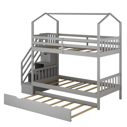 Gray Twin Over Twin Playhouse Bunk Bed with Trundle and Staircase - FurniFindUSA