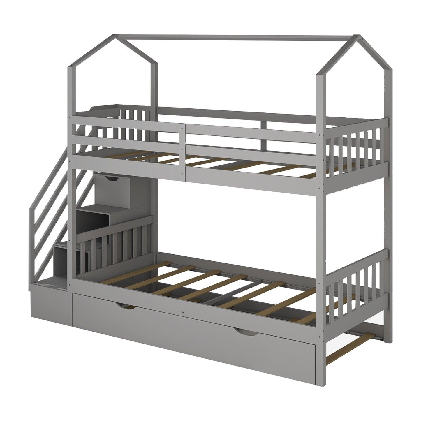 Gray Twin Over Twin Playhouse Bunk Bed with Trundle and Staircase - FurniFindUSA