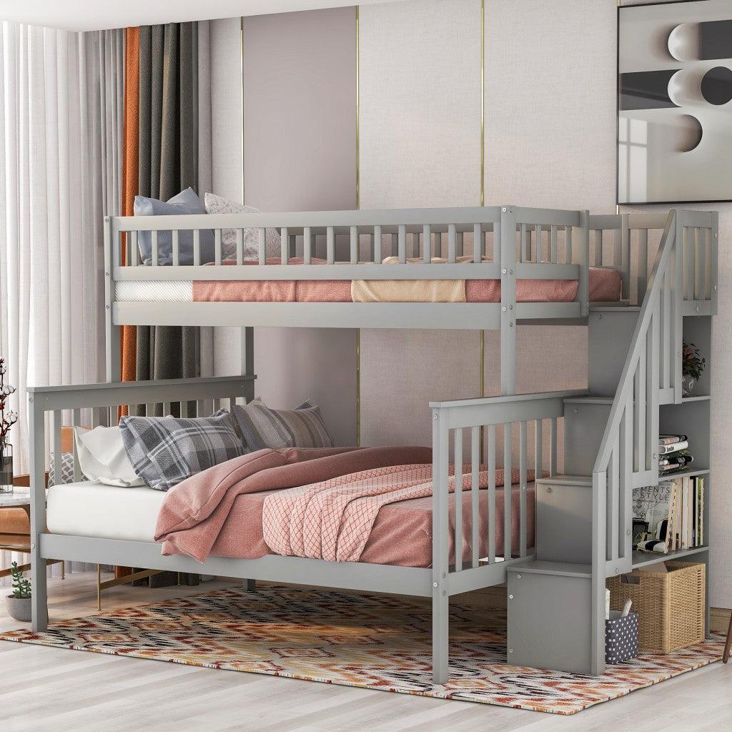 Gray Twin Over Full Farmhouse Style Bunk Bed with Staircase - FurniFindUSA