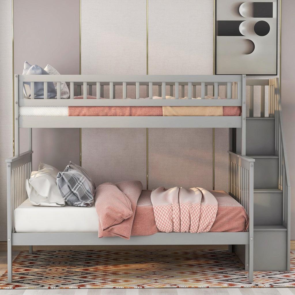 Gray Twin Over Full Farmhouse Style Bunk Bed with Staircase - FurniFindUSA