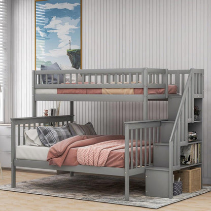 Gray Twin Over Full Farmhouse Style Bunk Bed with Staircase - FurniFindUSA