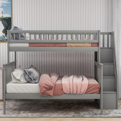 Gray Twin Over Full Farmhouse Style Bunk Bed with Staircase - FurniFindUSA