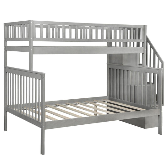 Gray Twin Over Full Farmhouse Style Bunk Bed with Staircase - FurniFindUSA