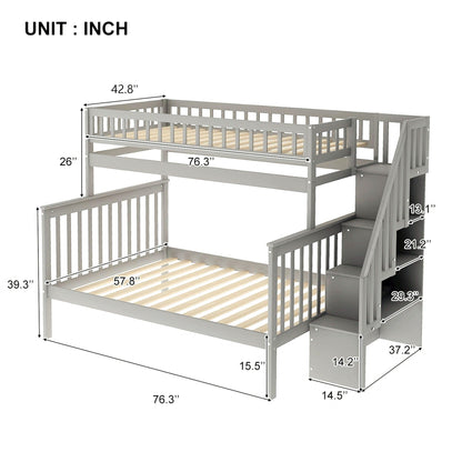 Gray Twin Over Full Farmhouse Style Bunk Bed with Staircase - FurniFindUSA