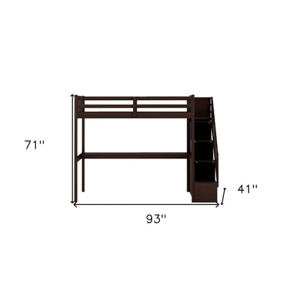 Espresso Twin Size Loft Bed with Built In Desk and Stairway - FurniFindUSA