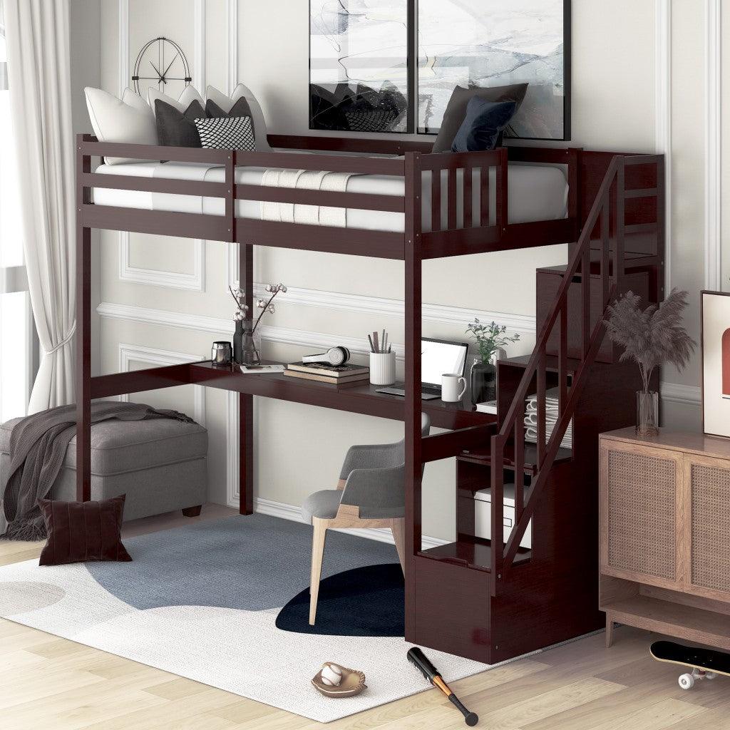 Espresso Twin Size Loft Bed with Built In Desk and Stairway - FurniFindUSA