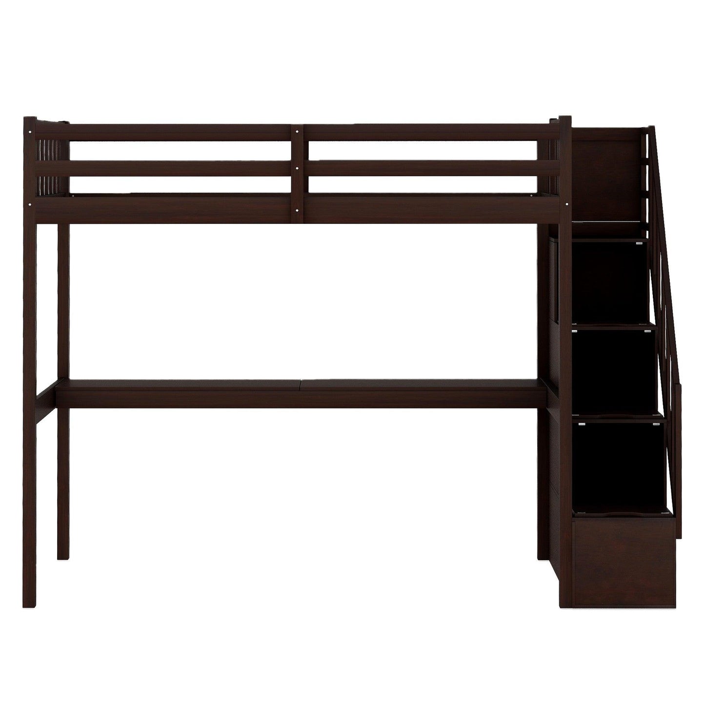 Espresso Twin Size Loft Bed with Built In Desk and Stairway - FurniFindUSA