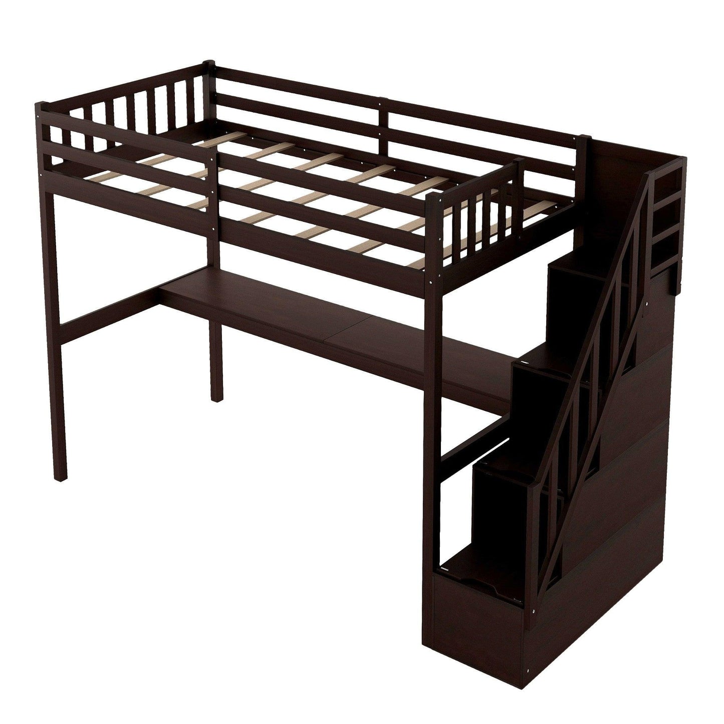 Espresso Twin Size Loft Bed with Built In Desk and Stairway - FurniFindUSA