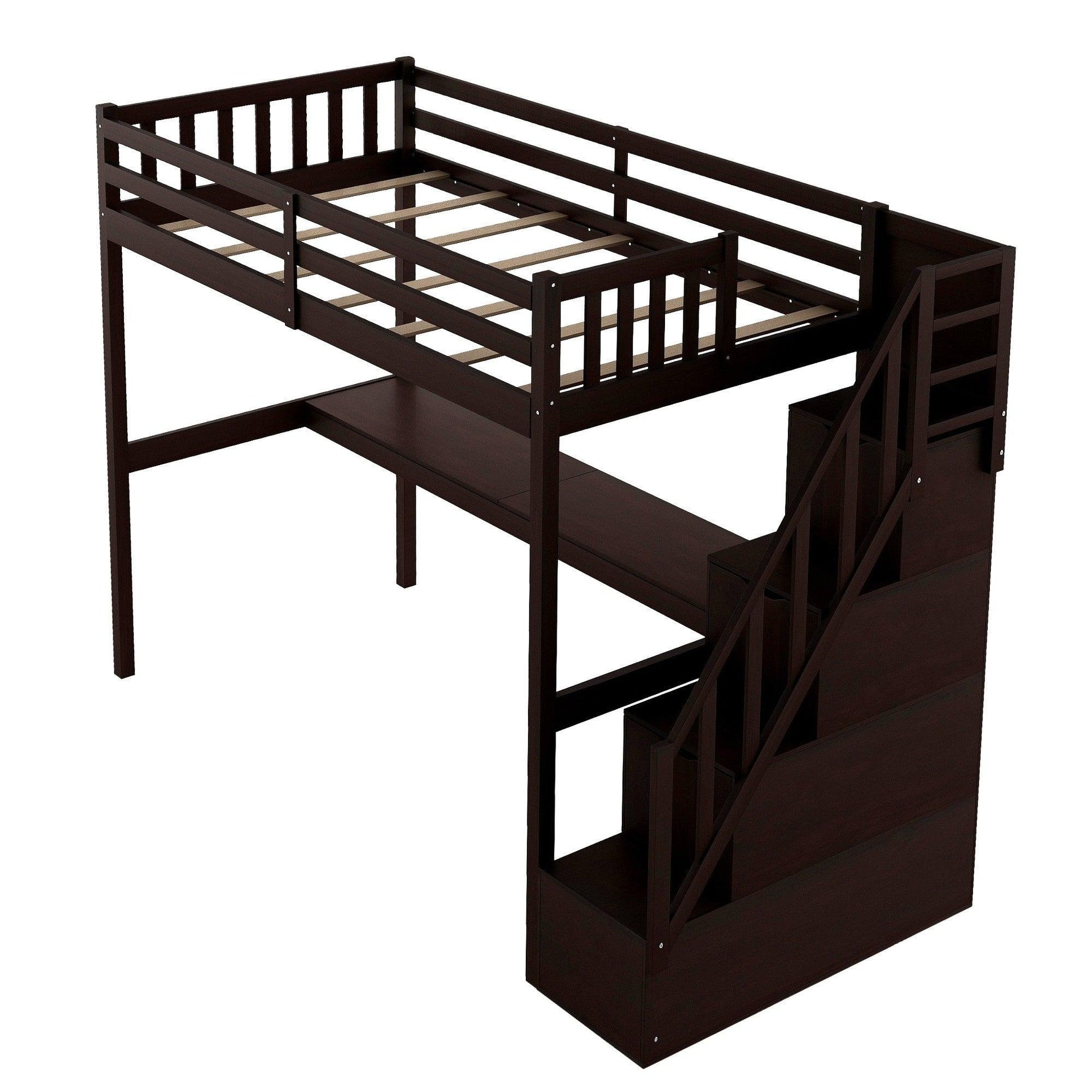 Espresso Twin Size Loft Bed with Built In Desk and Stairway - FurniFindUSA