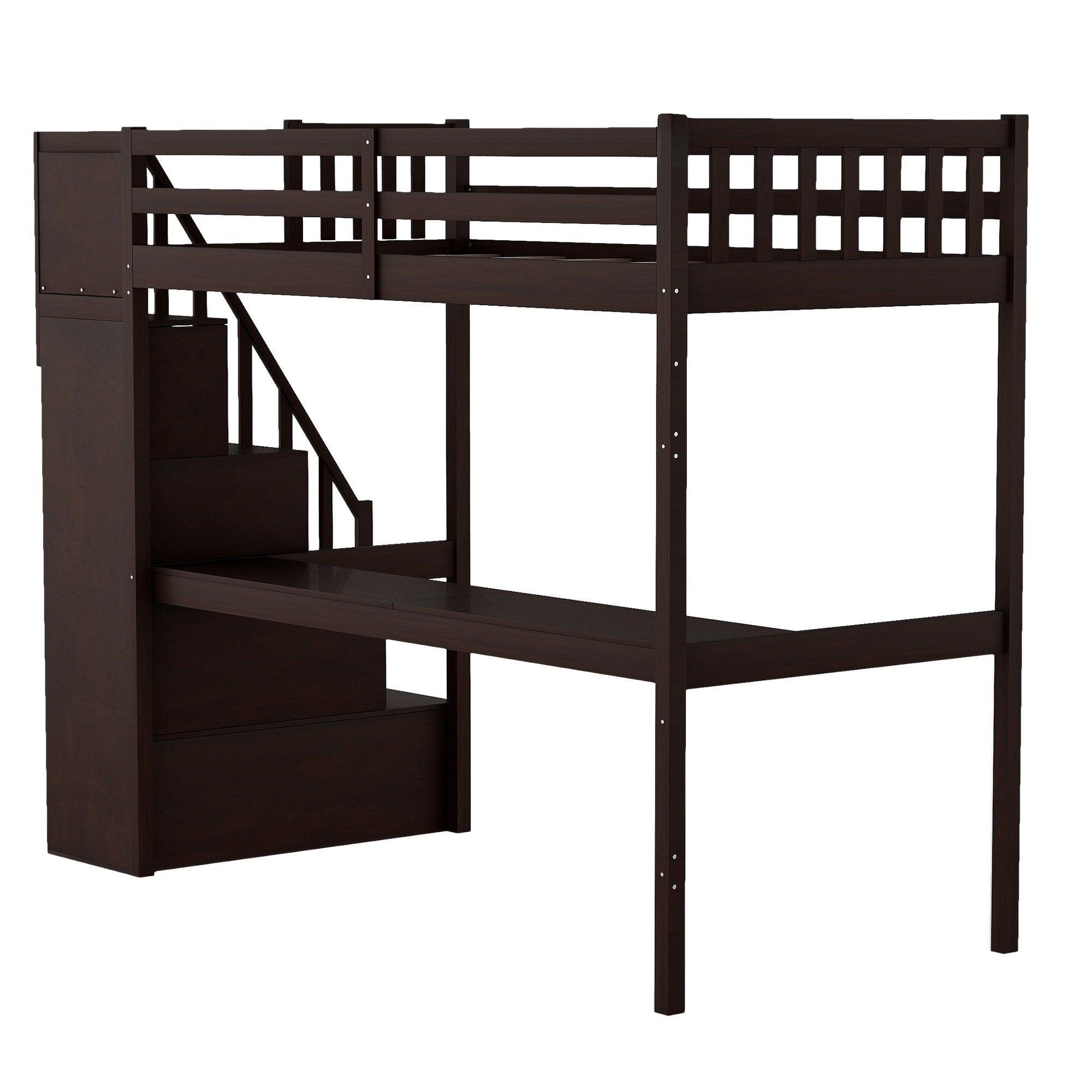 Espresso Twin Size Loft Bed with Built In Desk and Stairway - FurniFindUSA