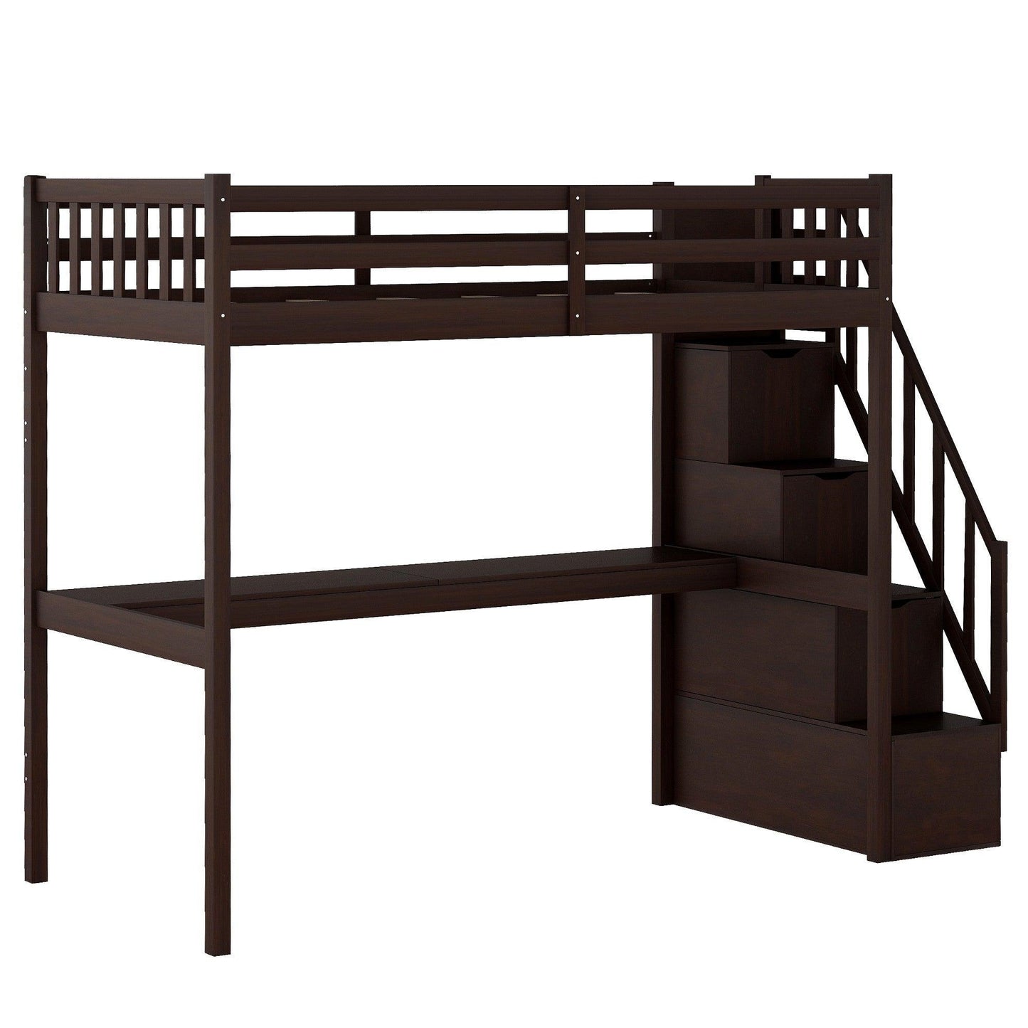 Espresso Twin Size Loft Bed with Built In Desk and Stairway - FurniFindUSA