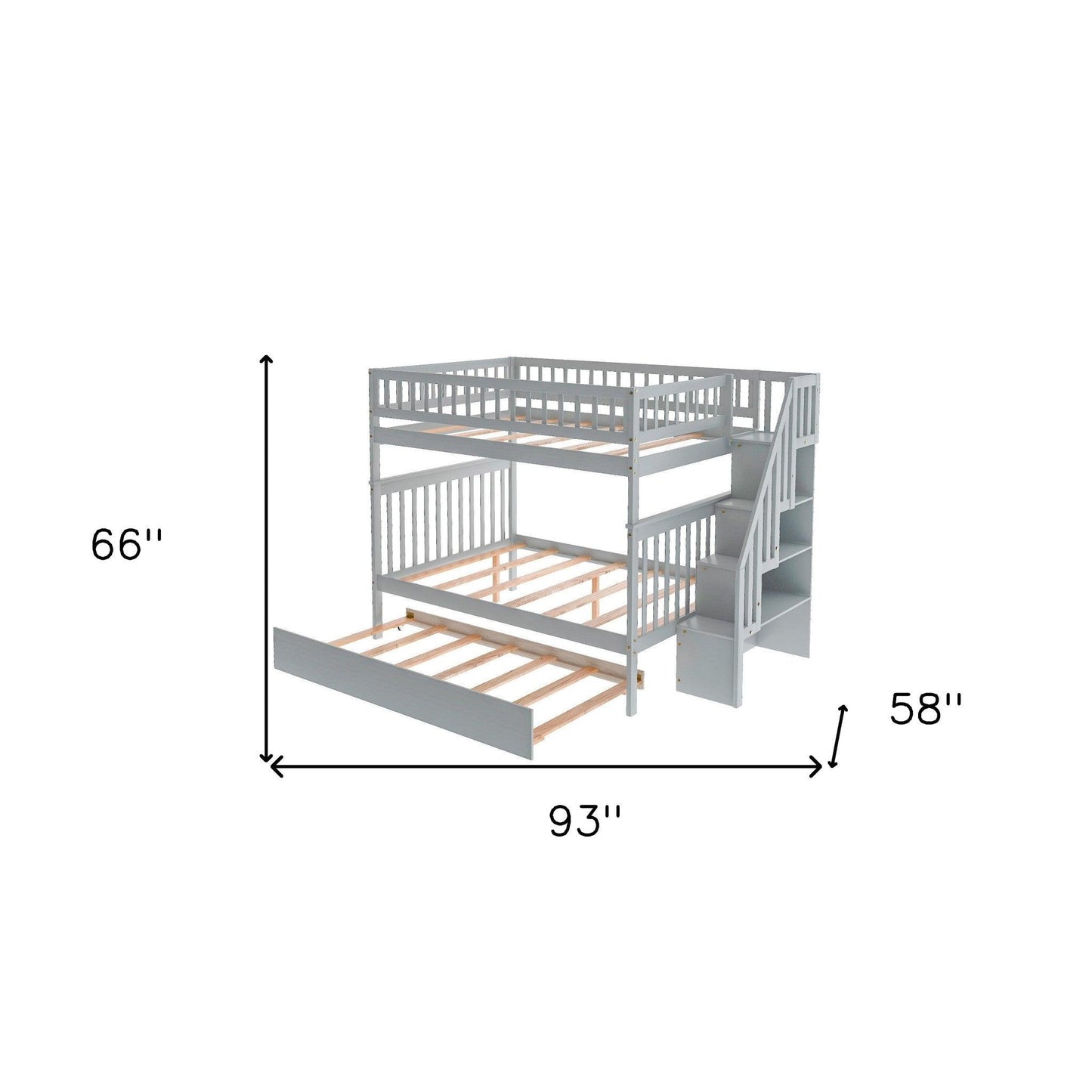 Gray Full Over Full Farmhouse Style Bunk Bed with Trundle and Staircase - FurniFindUSA