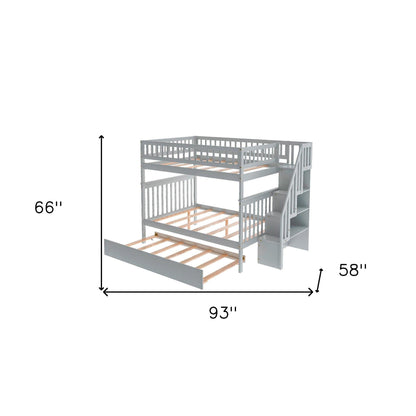 Gray Full Over Full Farmhouse Style Bunk Bed with Trundle and Staircase - FurniFindUSA