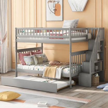 Gray Full Over Full Farmhouse Style Bunk Bed with Trundle and Staircase - FurniFindUSA