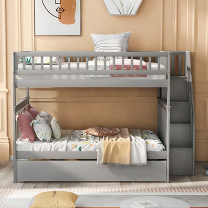 Gray Full Over Full Farmhouse Style Bunk Bed with Trundle and Staircase - FurniFindUSA