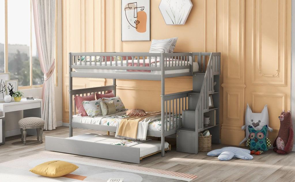 Gray Full Over Full Farmhouse Style Bunk Bed with Trundle and Staircase - FurniFindUSA