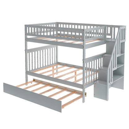 Gray Full Over Full Farmhouse Style Bunk Bed with Trundle and Staircase - FurniFindUSA