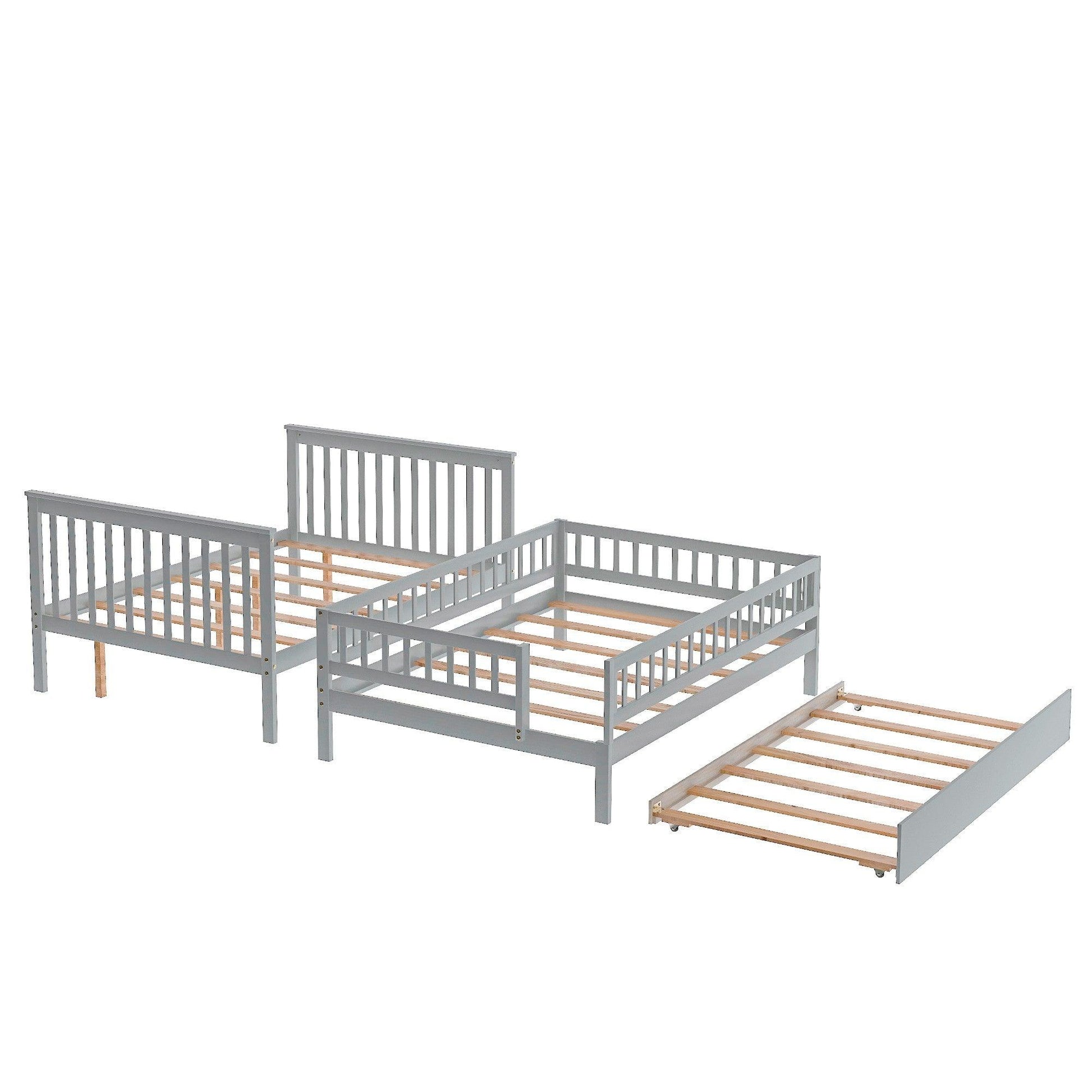 Gray Full Over Full Farmhouse Style Bunk Bed with Trundle and Staircase - FurniFindUSA