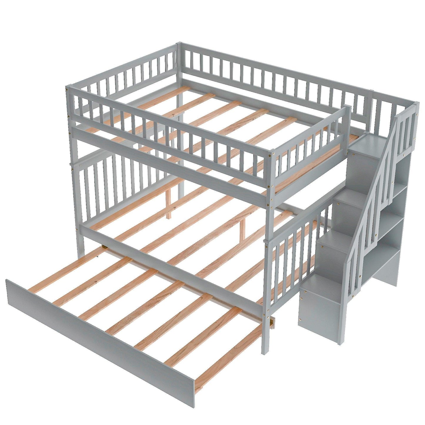 Gray Full Over Full Farmhouse Style Bunk Bed with Trundle and Staircase - FurniFindUSA