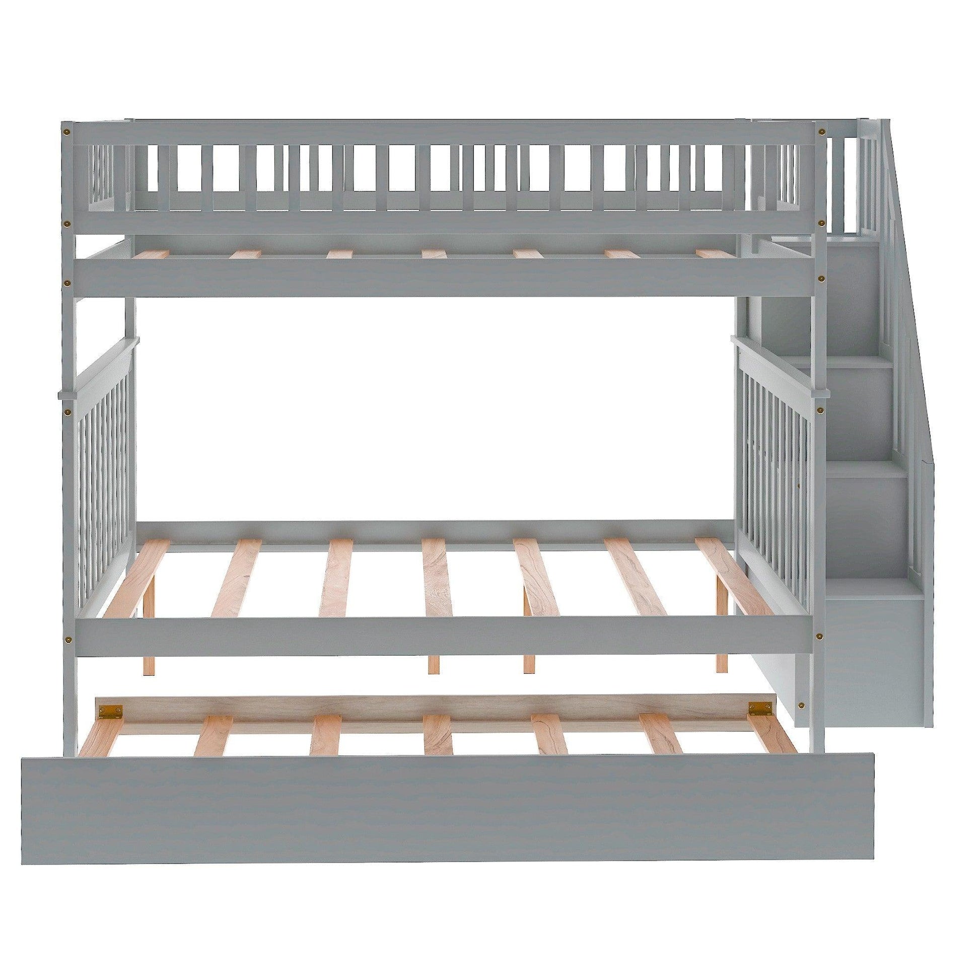 Gray Full Over Full Farmhouse Style Bunk Bed with Trundle and Staircase - FurniFindUSA