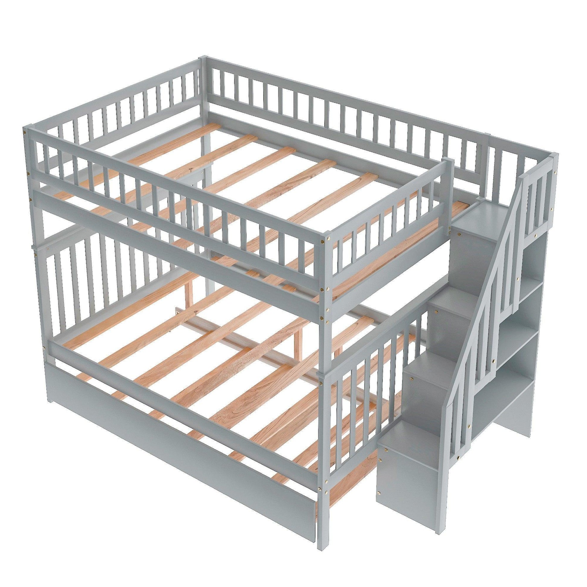 Gray Full Over Full Farmhouse Style Bunk Bed with Trundle and Staircase - FurniFindUSA