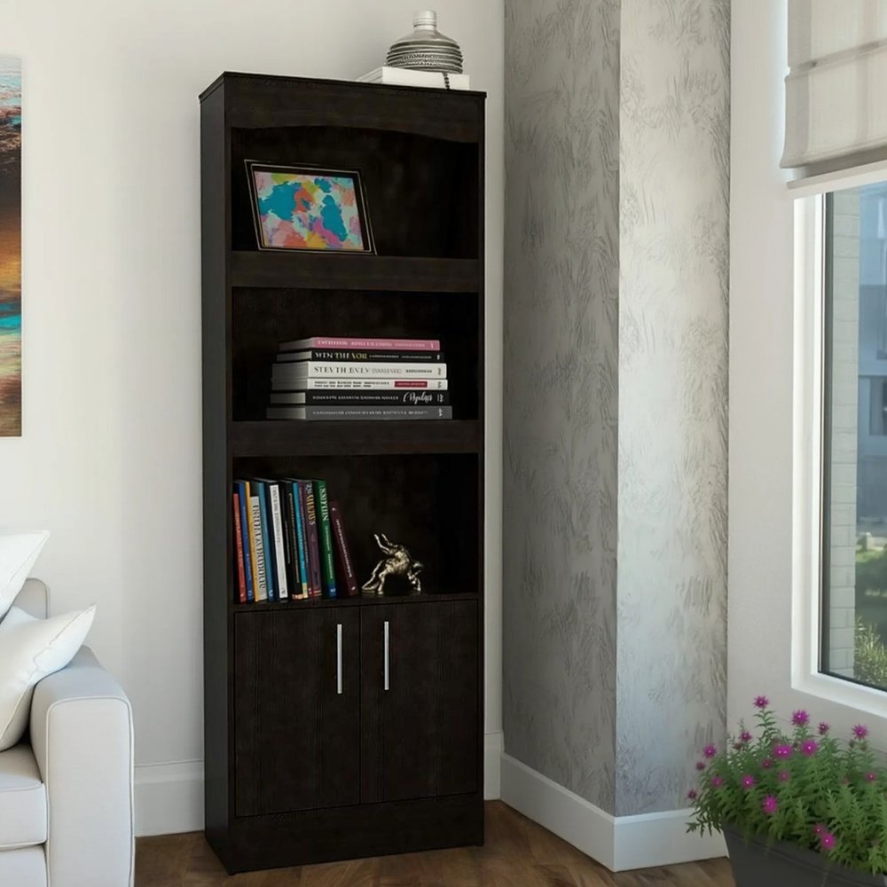 71" Light Gray Wood Three Tier Bookcase with Two Doors HomeRoots