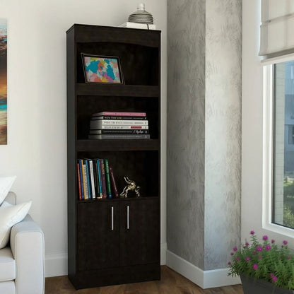 71" Light Gray Wood Three Tier Bookcase with Two Doors HomeRoots